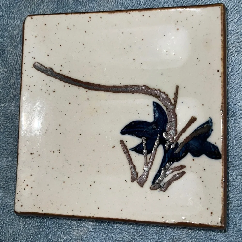 Vintage OMC Japanese ceramic square sushi style plates with hand painted design